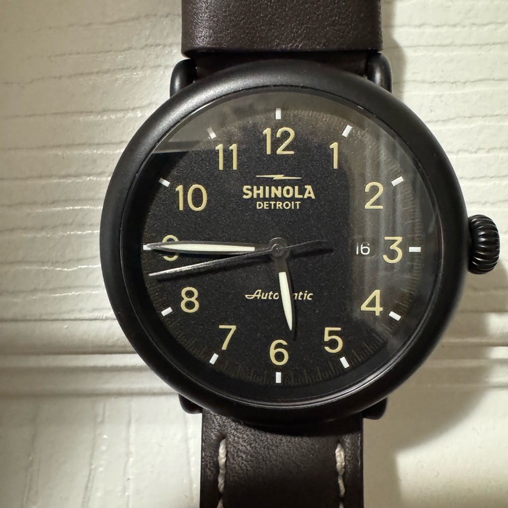 Shinola Black Dial Runwell Automatic Watch 45mm with Brown Leather Strap
